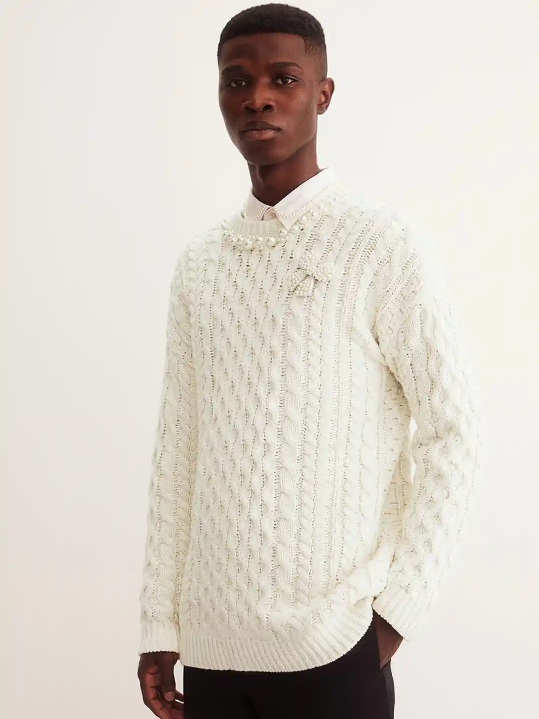 Buy H&M Men White Self Design Cable Knit Cotton Jumper Sweaters