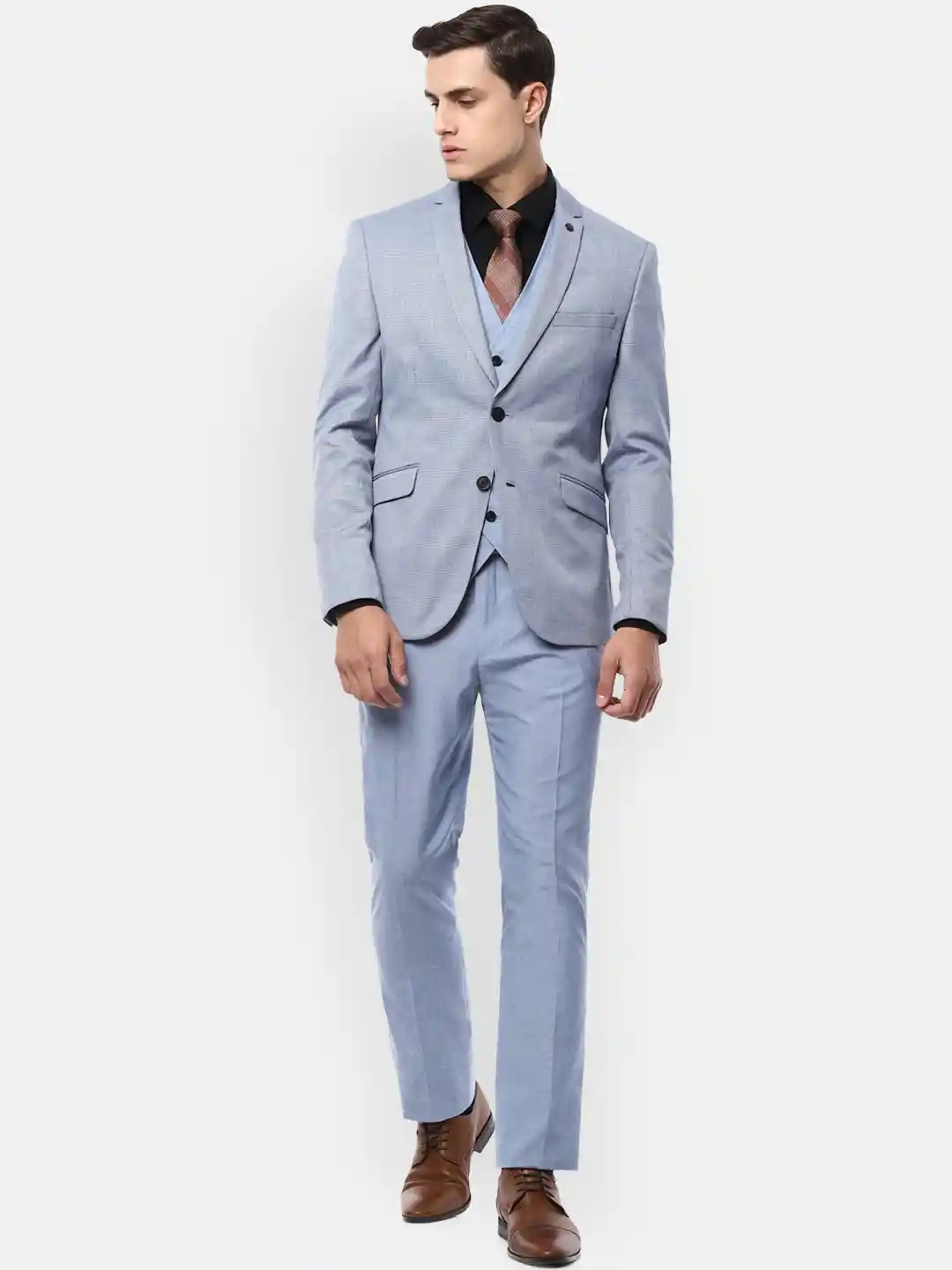 Buy Van Heusen Men Blue Self-Design Skinny-Fit Single Breasted