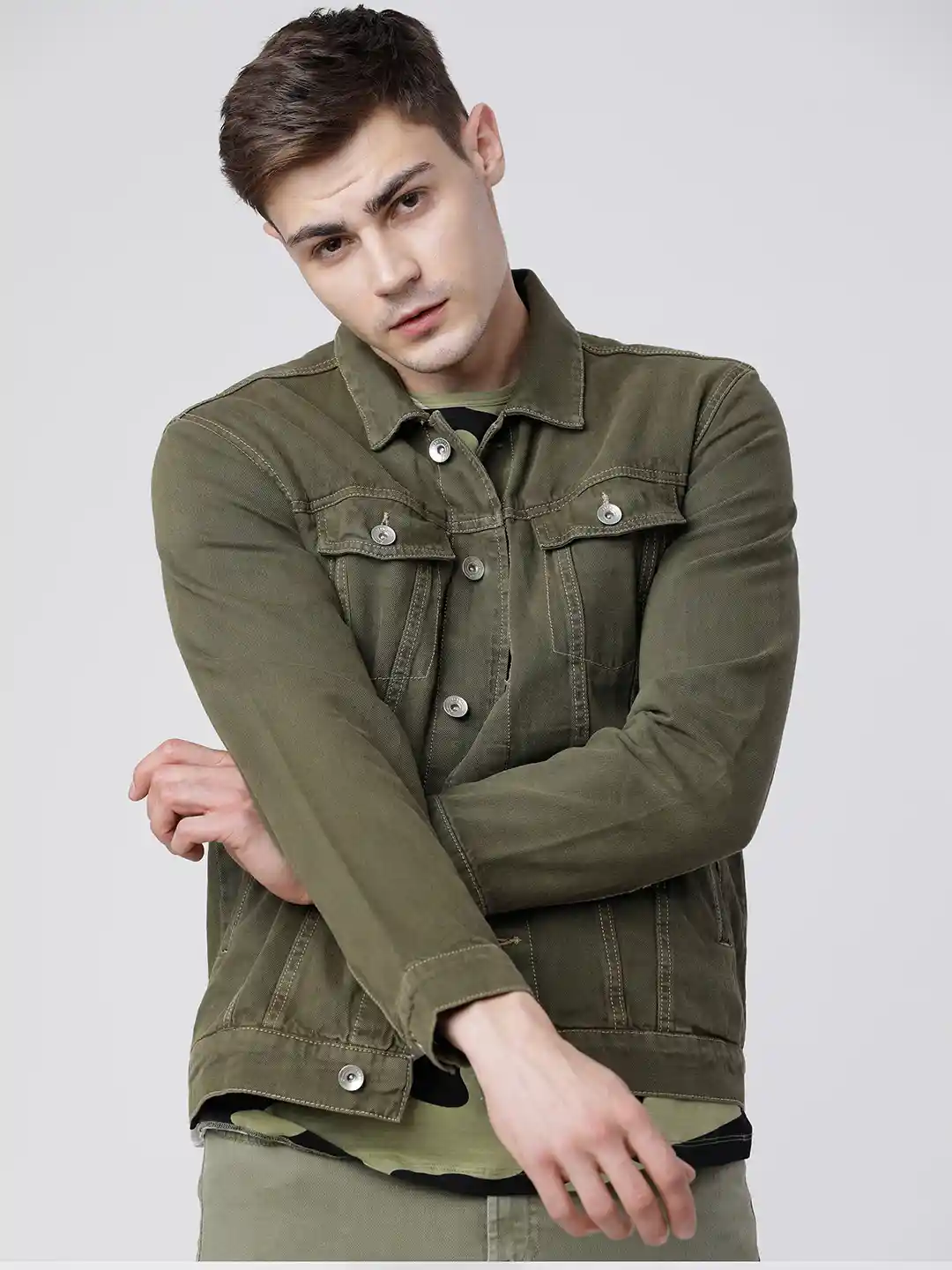 Buy LOCOMOTIVE Men Olive Green Solid Denim Jacket Jackets for