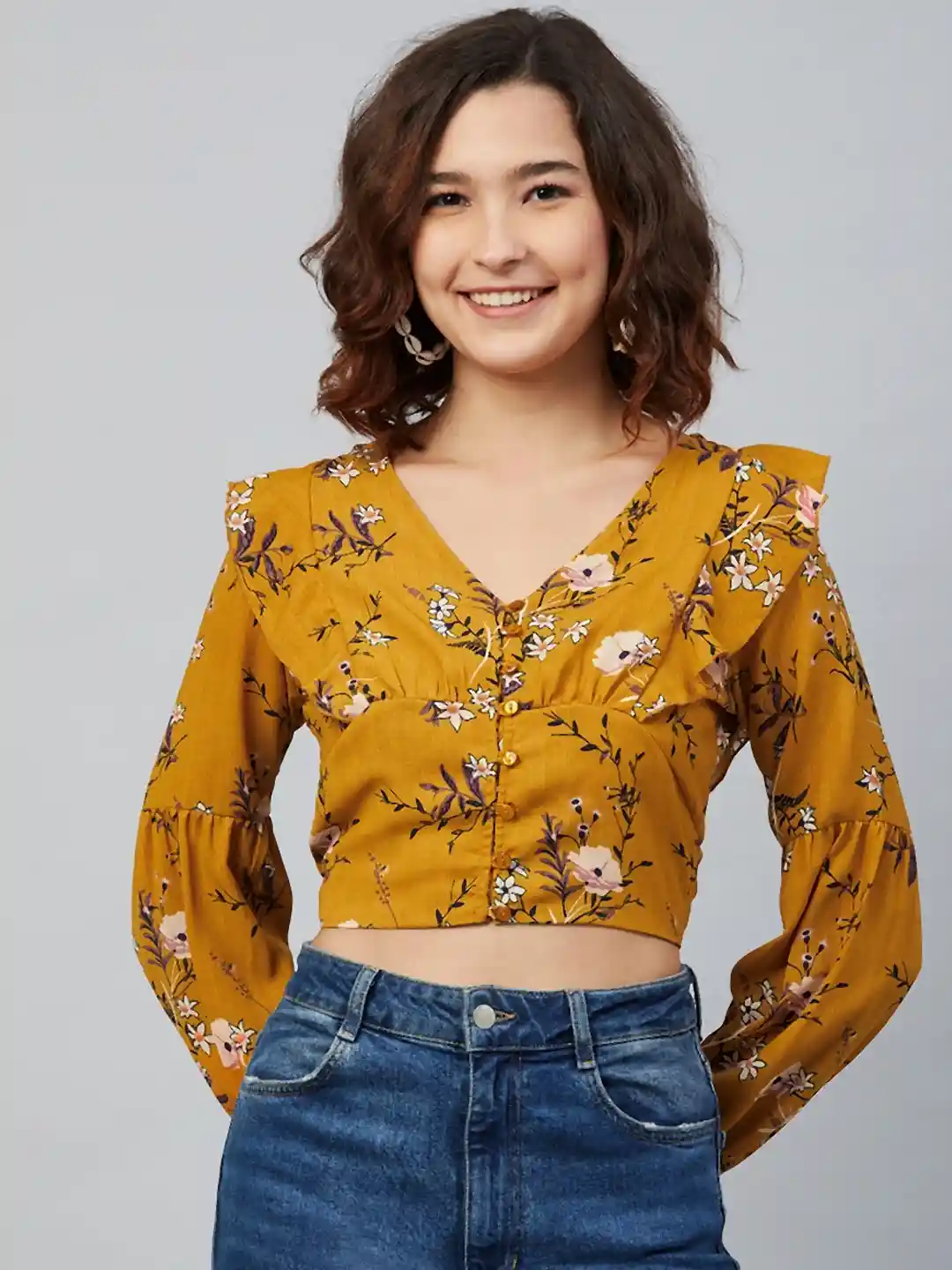 Buy Marie Claire Mustard Yellow White Floral Printed Crepe Shirt