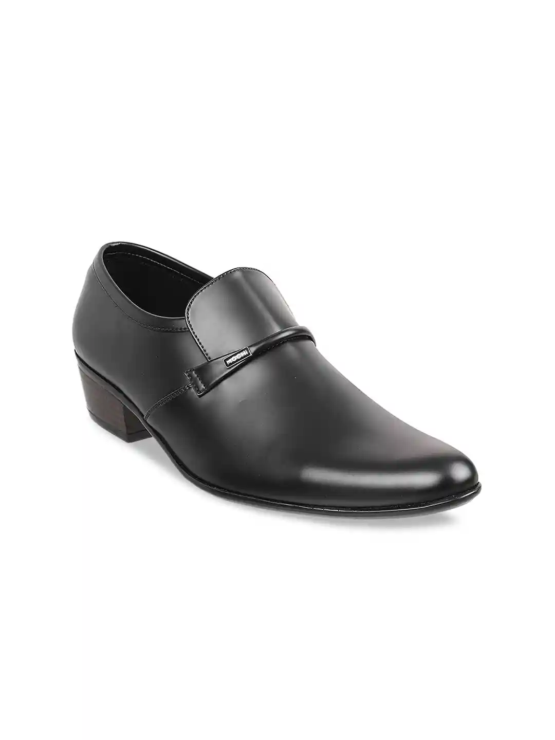 Mochi Men Black Leather Solid Semiformal Slip-Ons