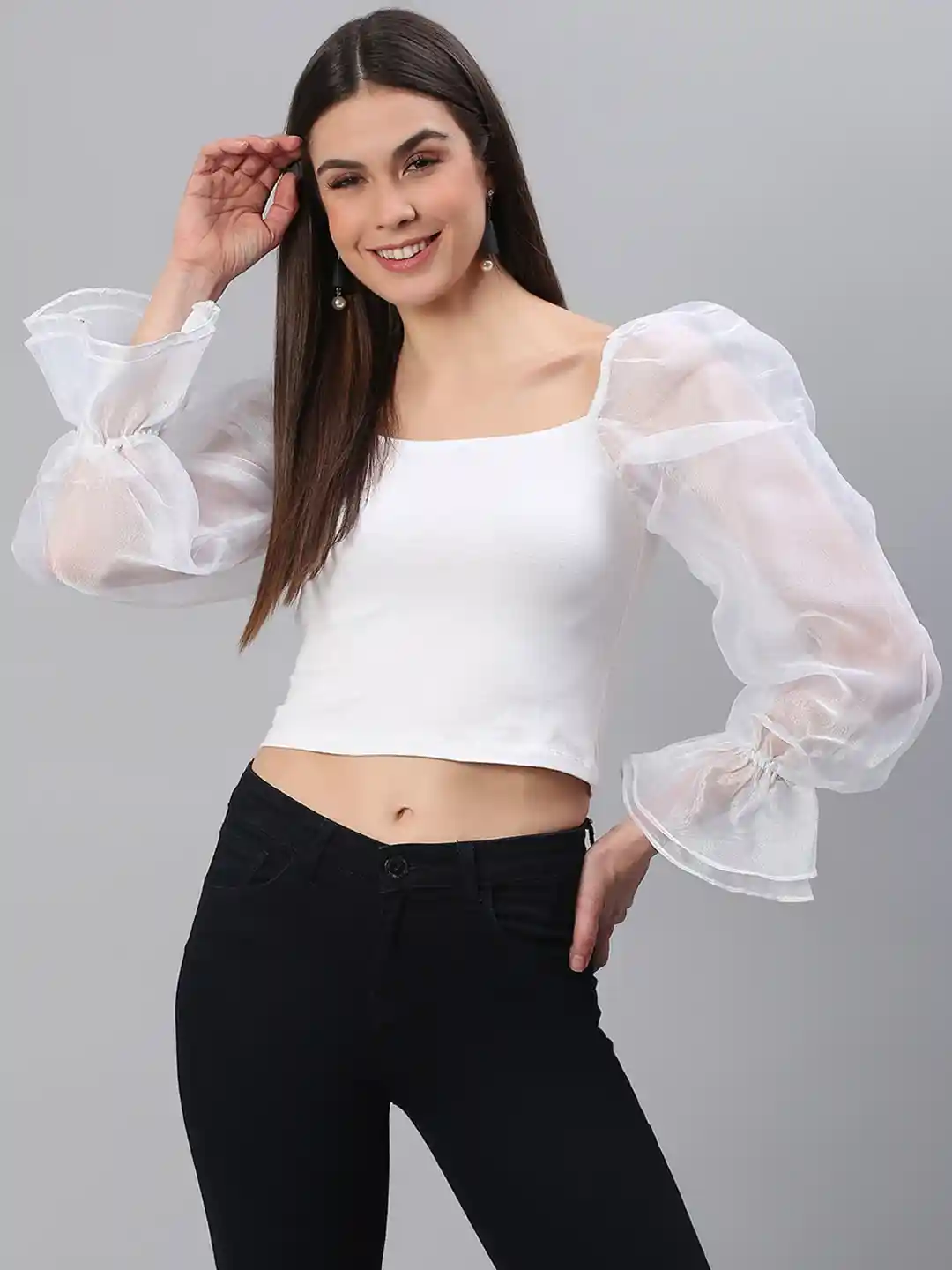 Cation White Flared Sleeves Fitted Crop Top