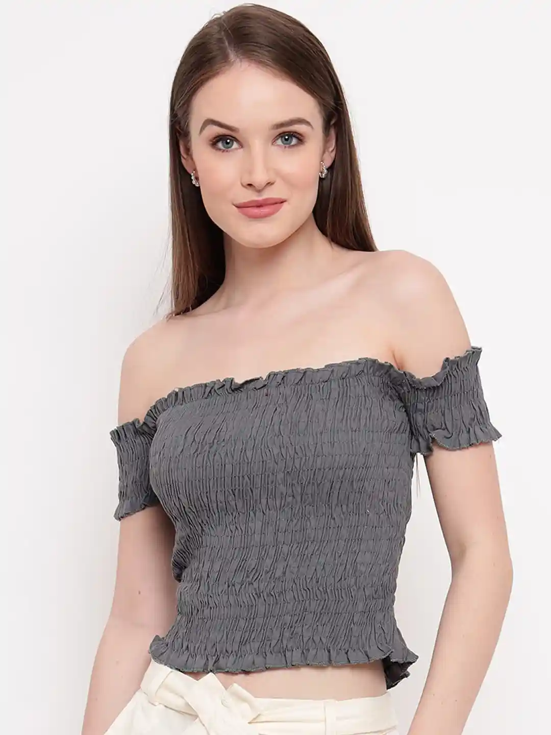 Buy Aawari Grey Off-Shoulder Bardot Crop Top Tops for Women - Main Image