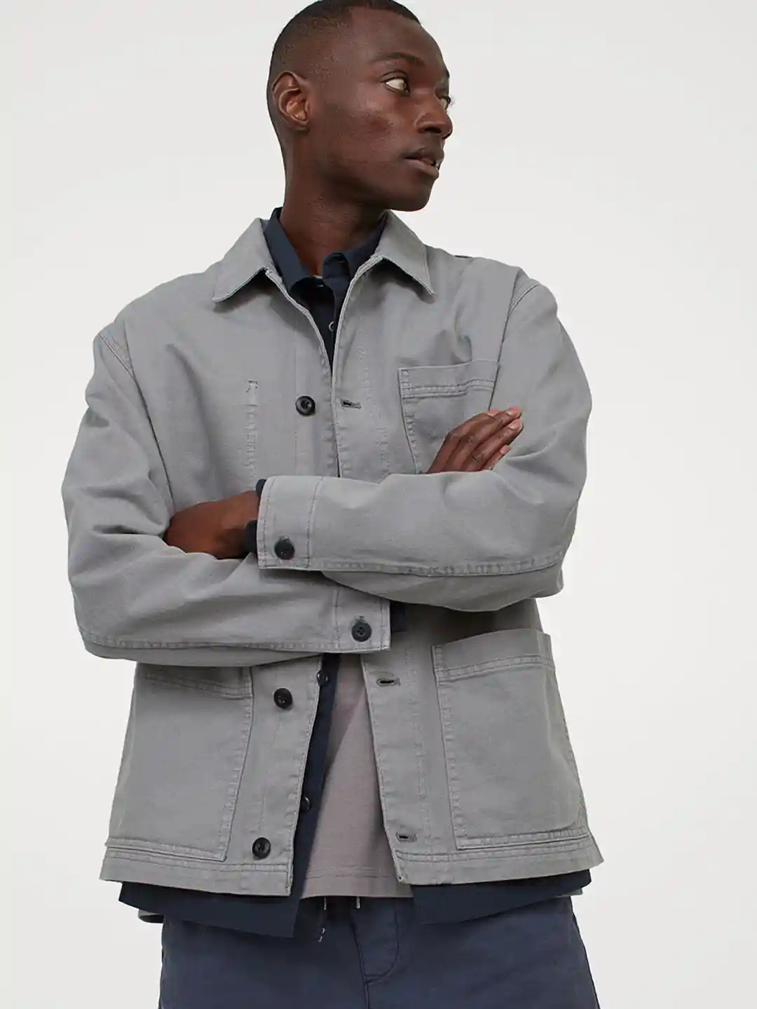 Buy H&M Men Grey Cotton Twill Shirt Jacket Jackets for Men
