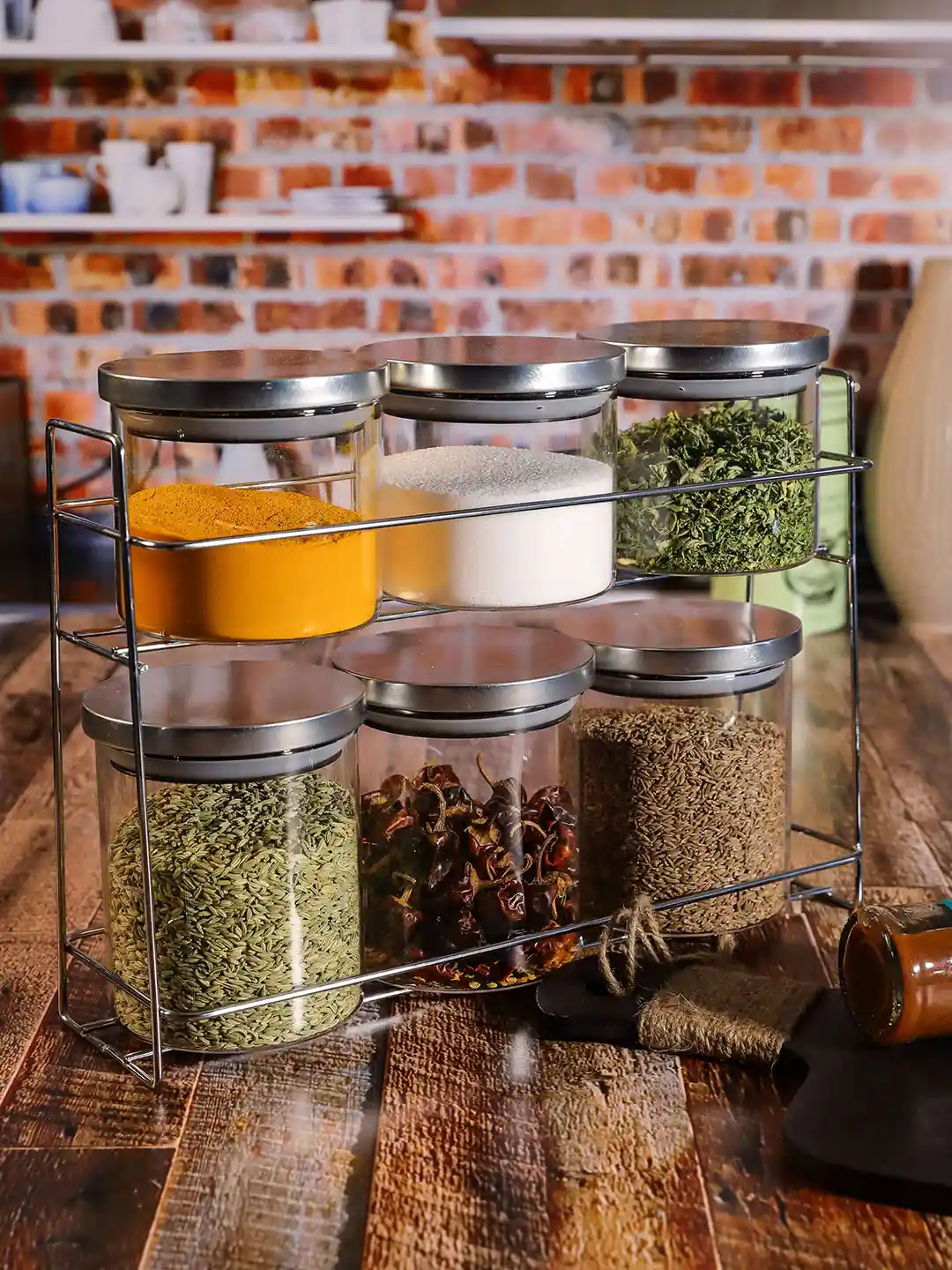 GOODHOMES Set Of Transparent Silver-Toned Glass Storage Jar with Metal  Stand