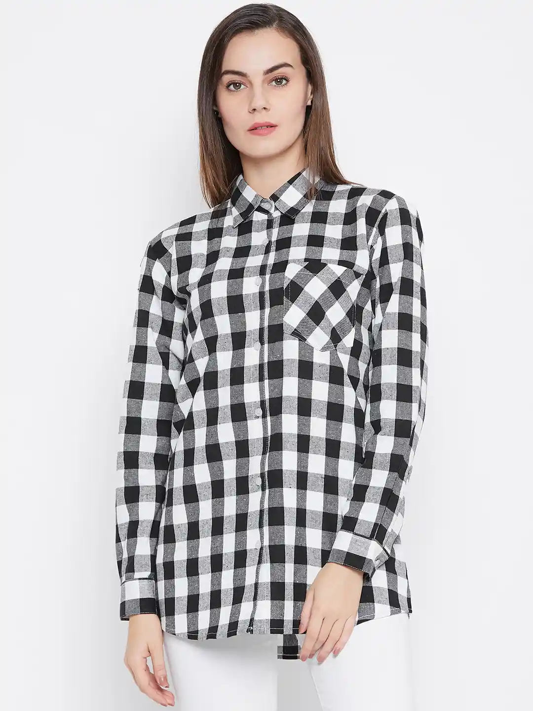 Buy One Femme Women Black White Regular Fit Checked Cotton