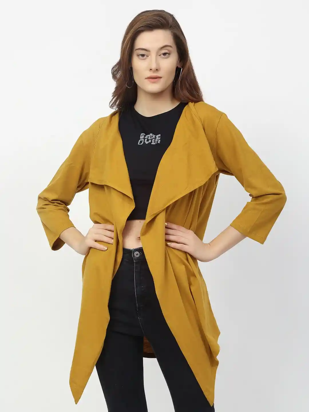 Buy Rigo Women Mustard Yellow Longline Waterfall Cotton Shrug