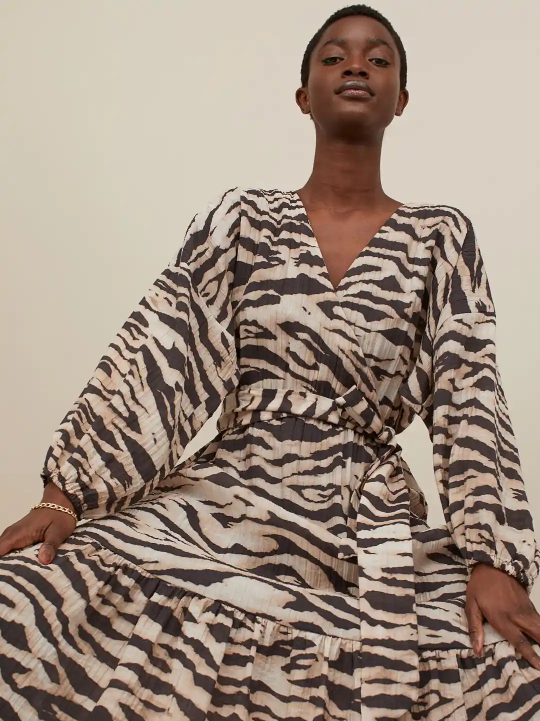 Buy H&M Women Beige Brown Printed Long Wrap Dress Dresses for