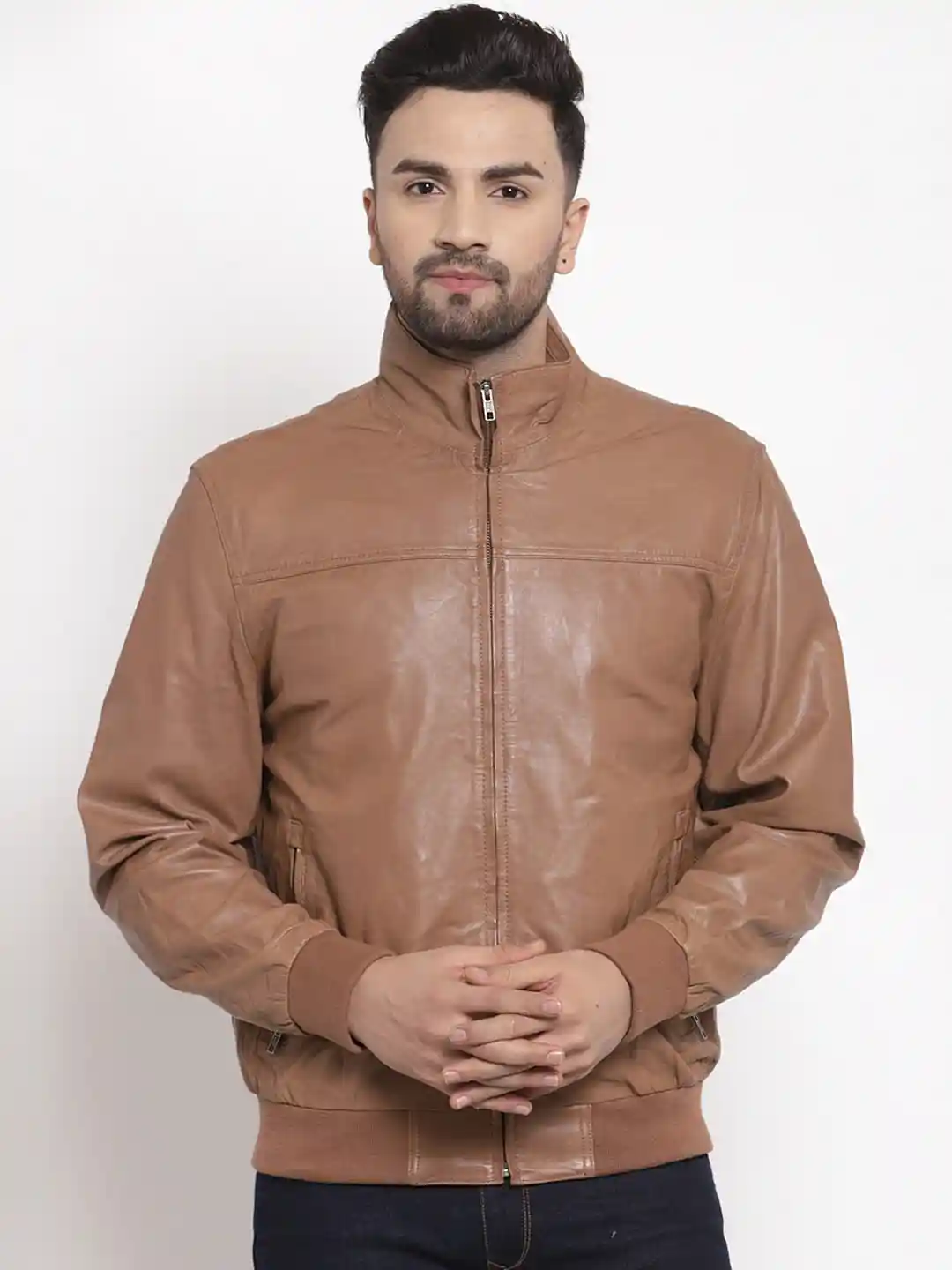 Teakwood Leathers Men Beige Leather Lightweight Bomber Jacket