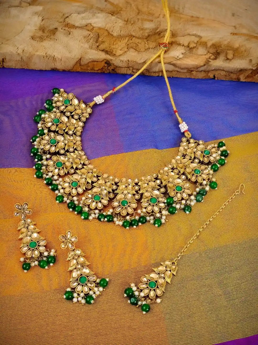Crunchy Fashion Gold-Plated Green White Traditional Floral Gold Plated  Necklace Set