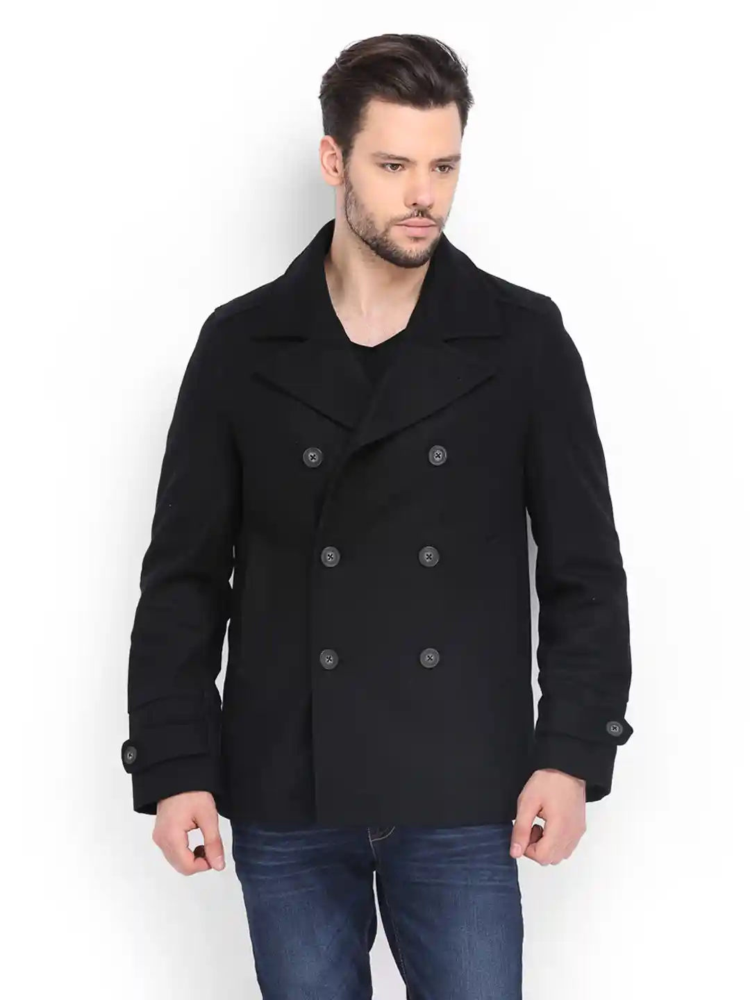 Double Breasted Wool Blend Black Mens Wool Overcoat Runcati Men's