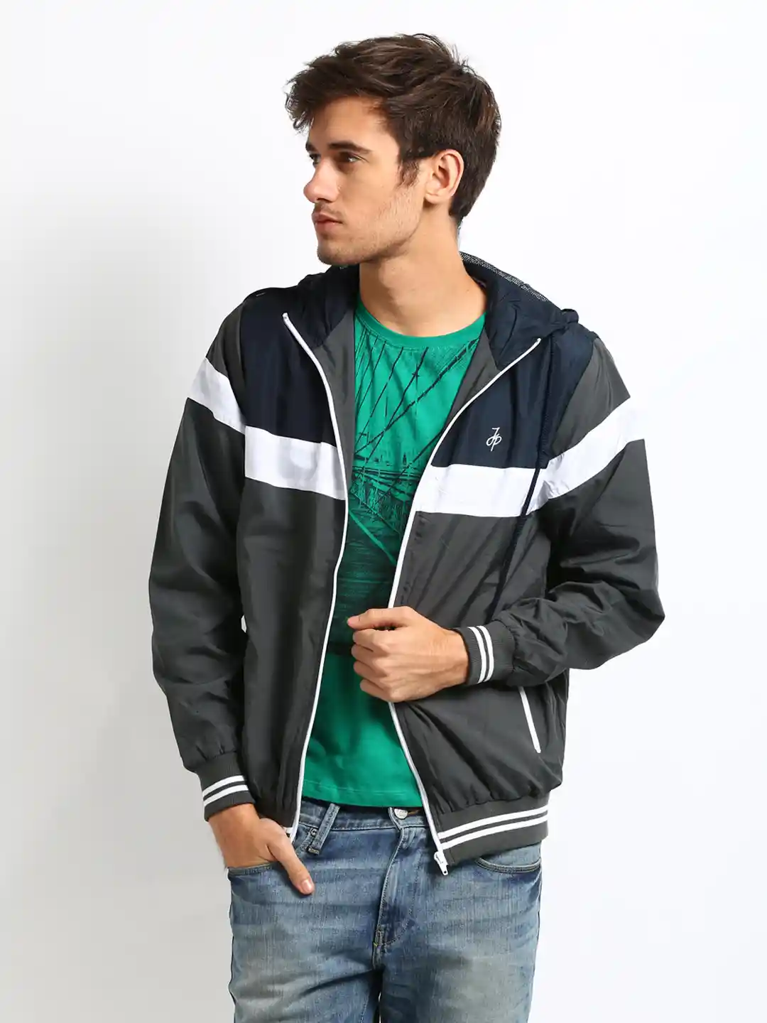 Buy John Players Men Grey Navy Wind Cheater Jacket Jackets for