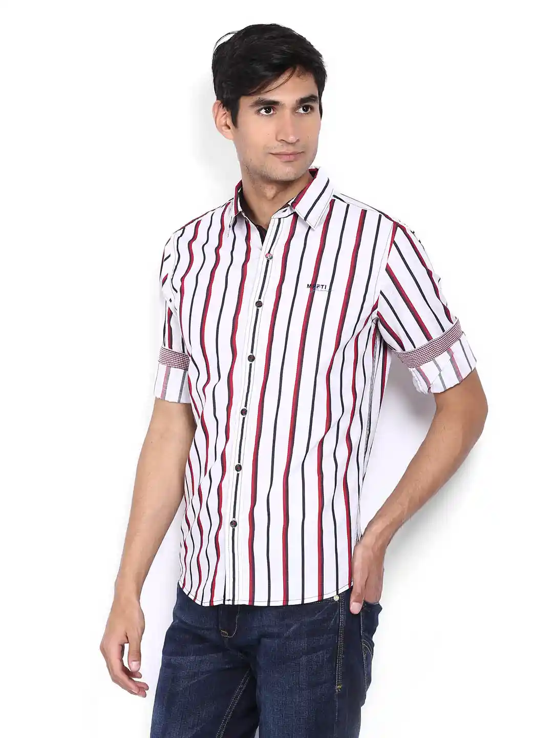 Slim Fit Red And White Striped Button Down Shirt Mufti Men White