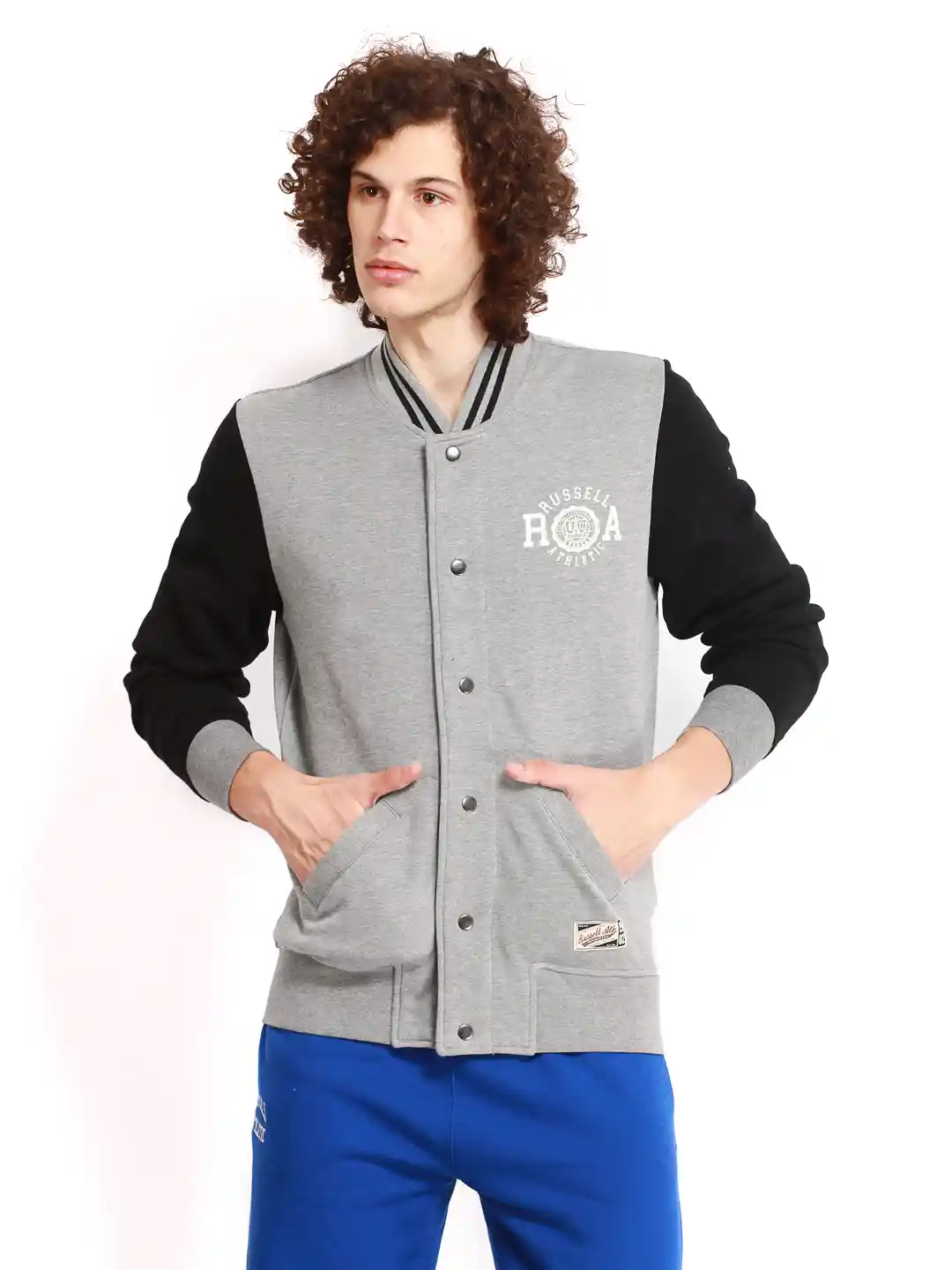 Buy Russell Athletic Men Grey Melange Black Varsity Jacket