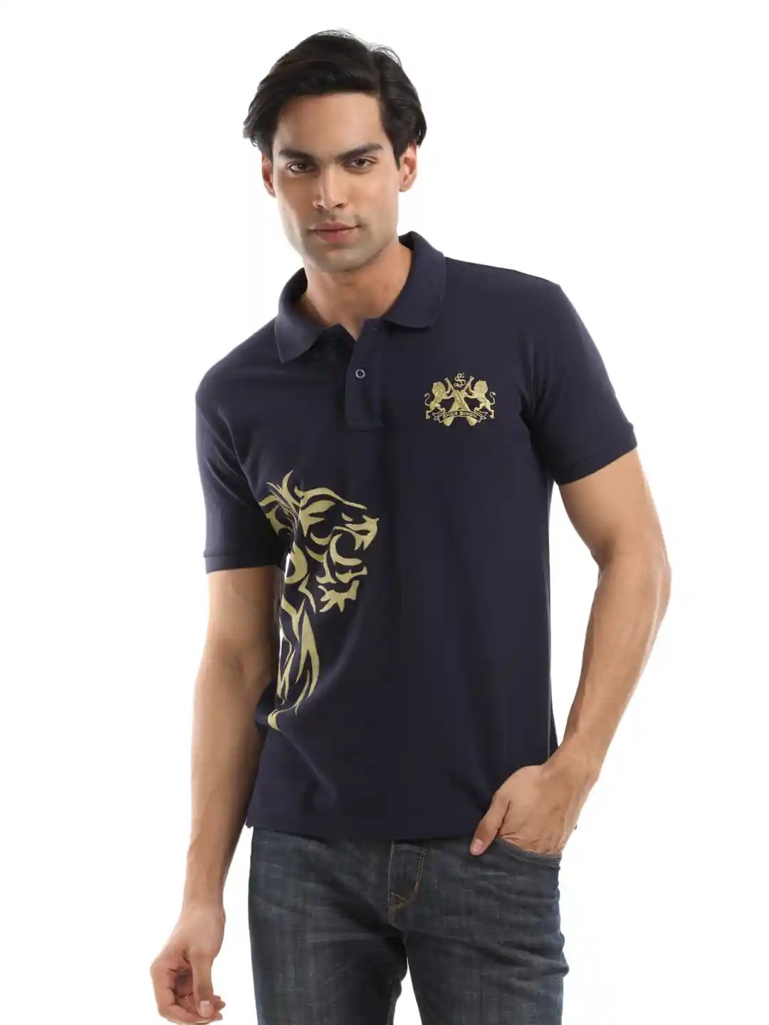 Buy Sher Singh Men Navy Blue Lion Polo Pure Cotton T-shirt