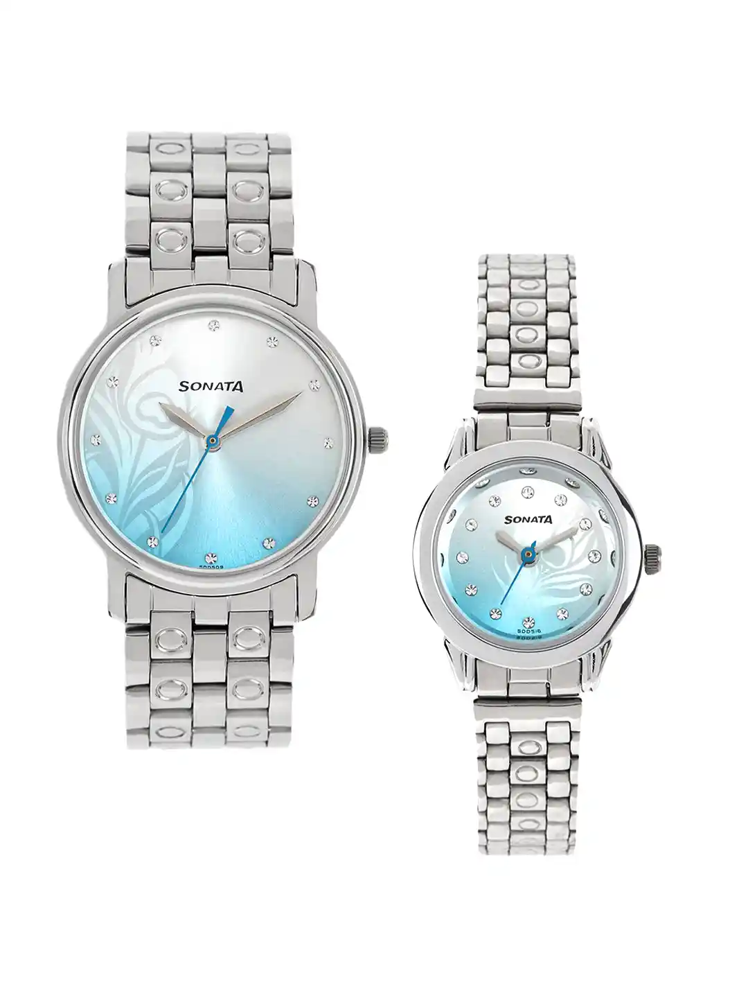 Sonata Silver-Toned Blue Dial Set of His Her Watches 10138925SM01