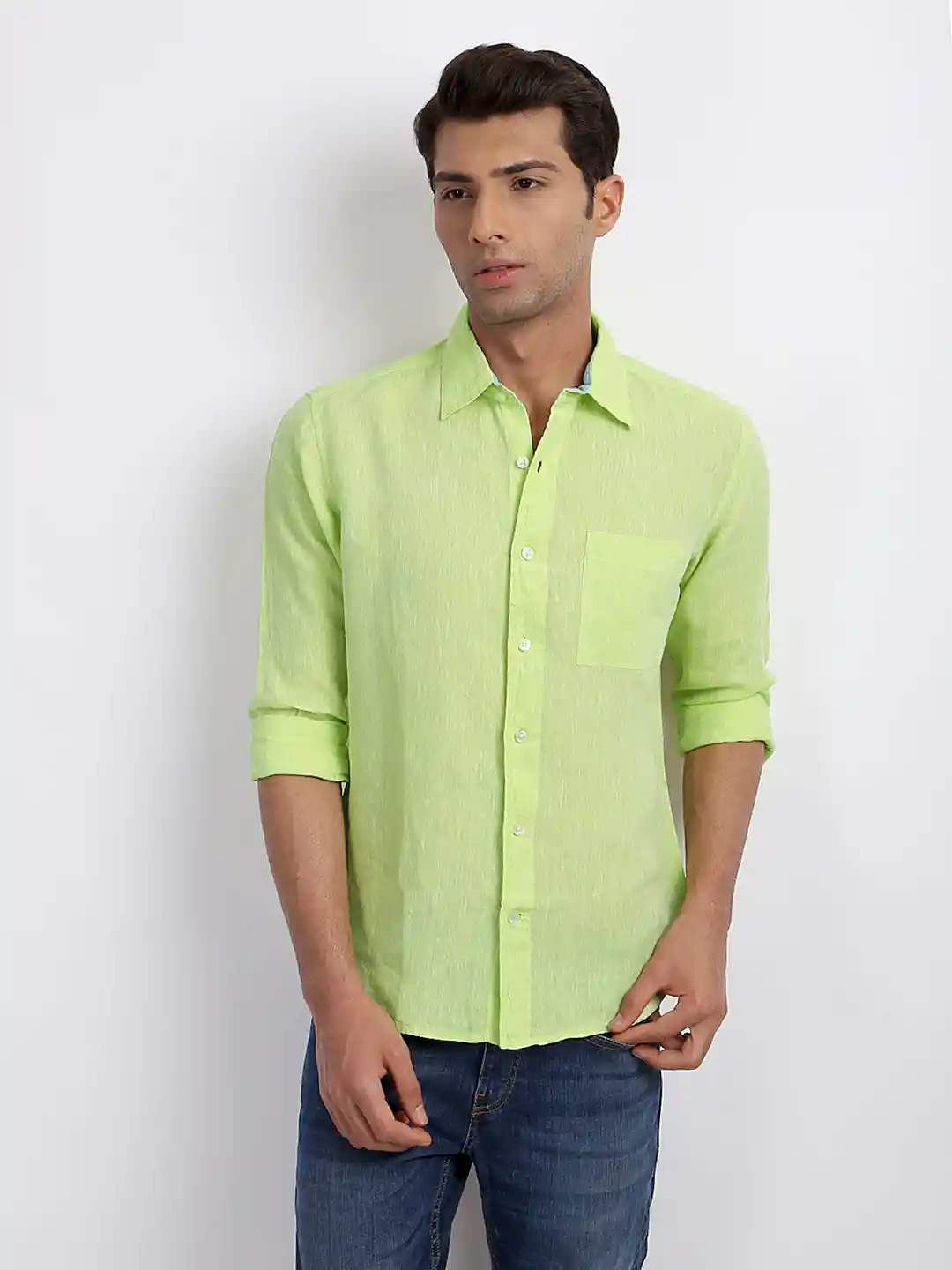 Buy United Colors of Benetton Men Lime Green Linen Casual Shirt