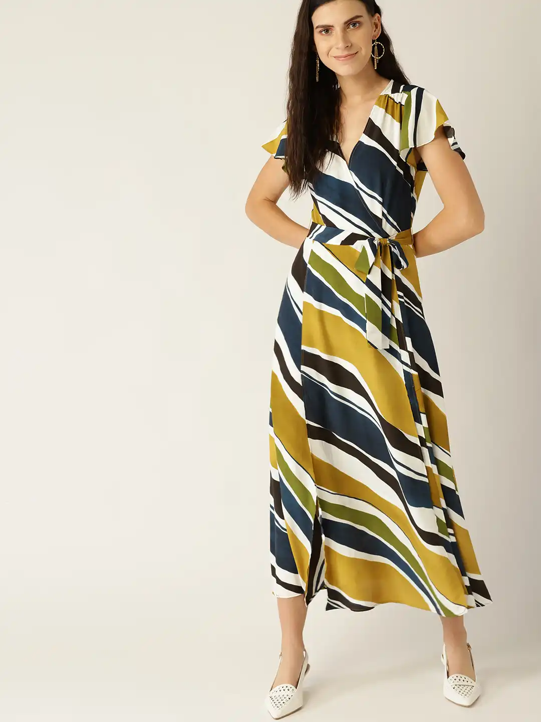 Buy MANGO Women Mustard Yellow & Navy Blue Striped Wrap Dress - Dresses for  Women 10143315 | Myntra
