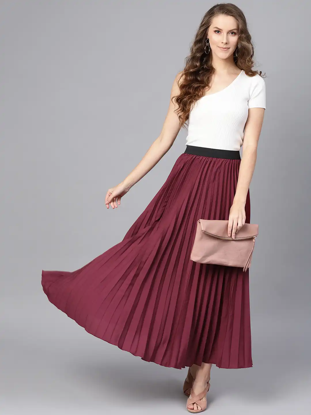 Buy SASSAFRAS Burgundy Accordian Pleat Maxi Flared Skirt - Skirts