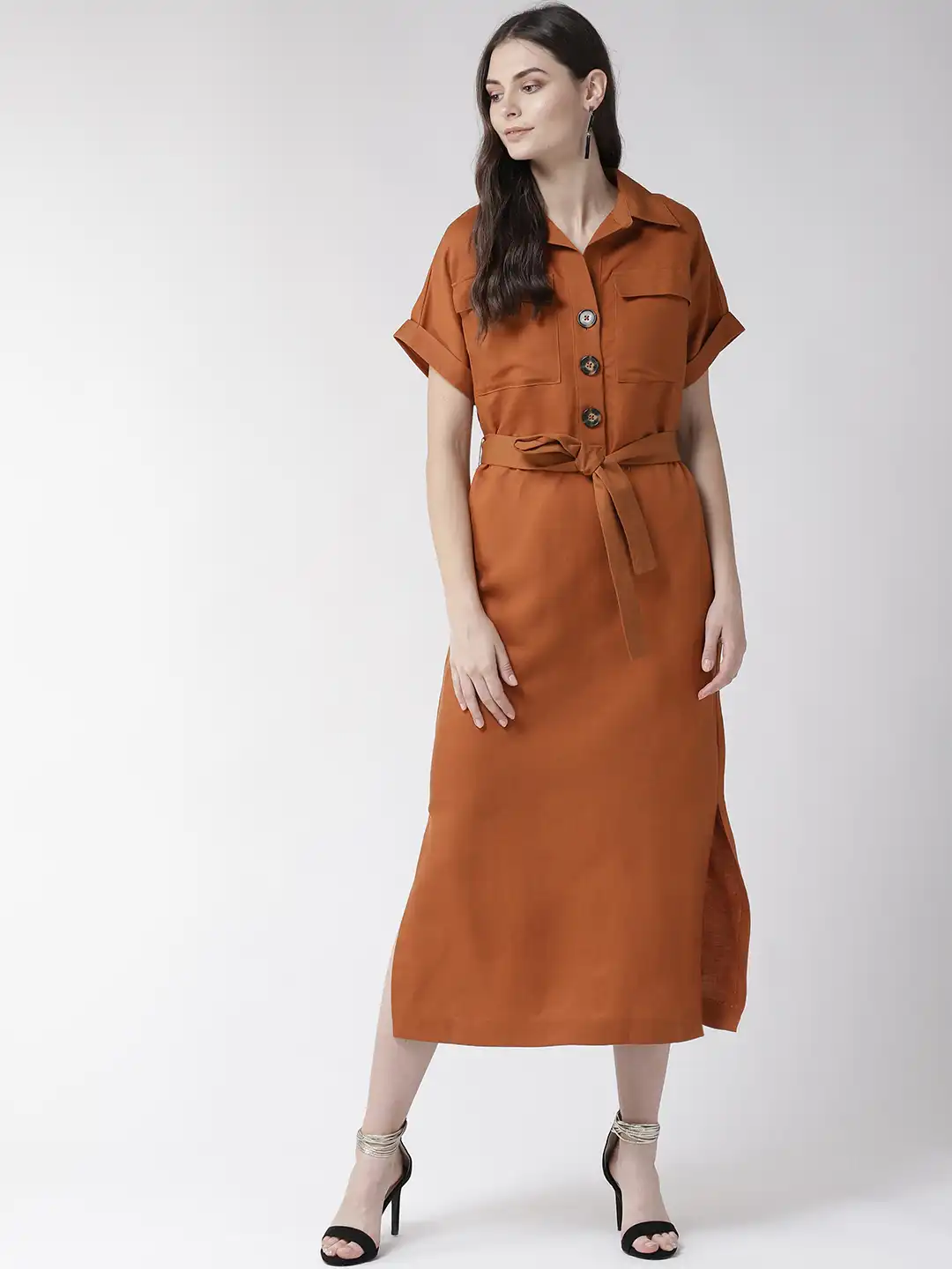brown shirt dresses Pleated Tulle Trim Shirt Dress