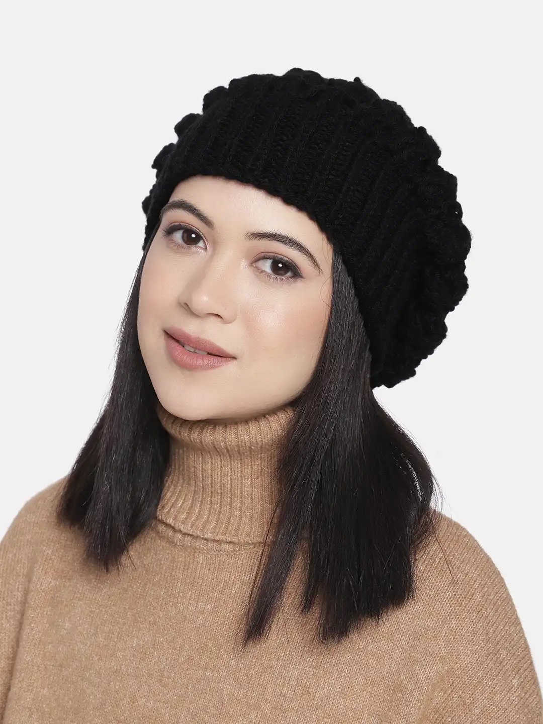 Buy Magic Needles Women Black Self Design Handmade Beanie - Caps