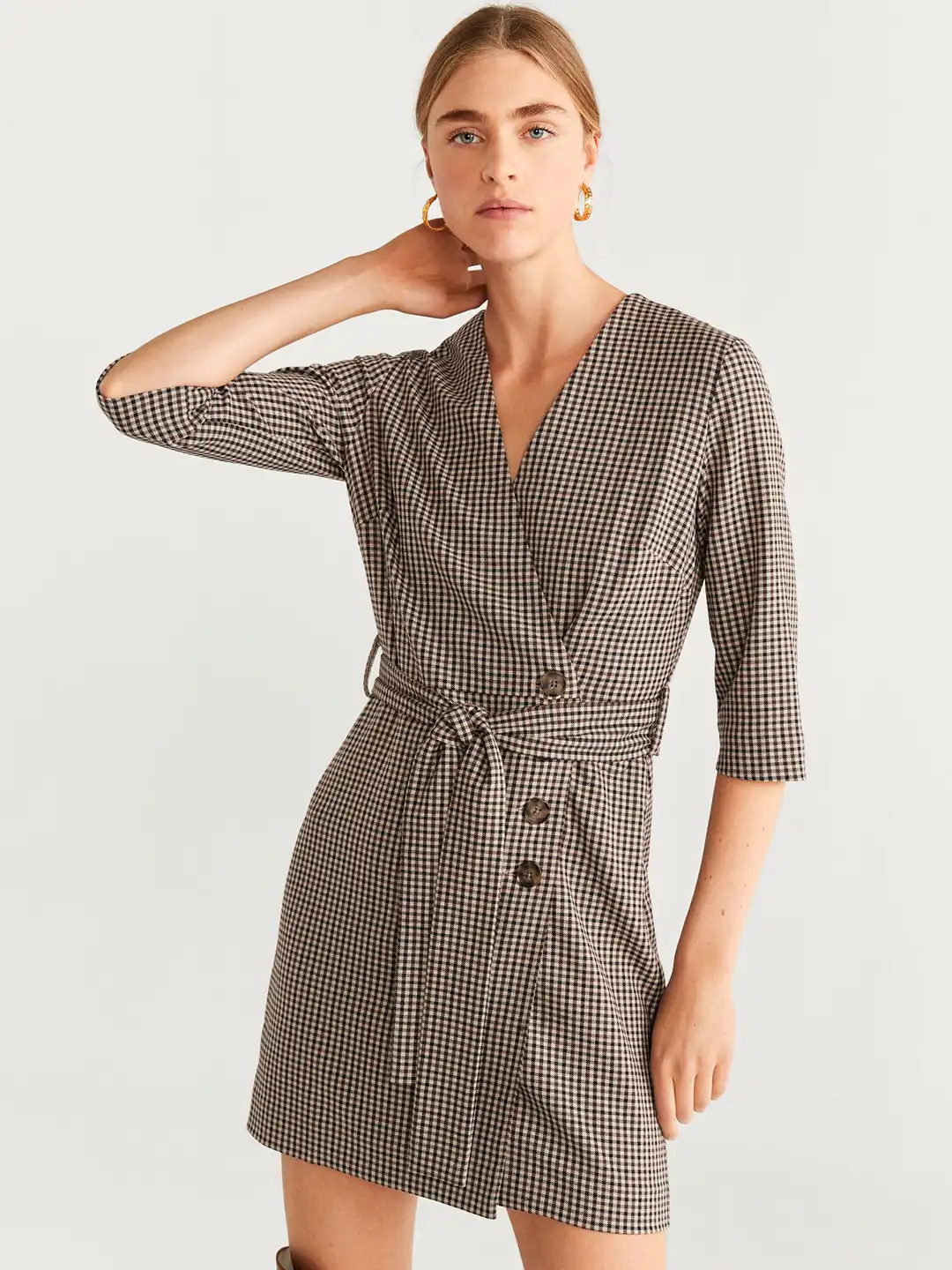 brown and black check dress Check Print Button Through Midi Dress Brown