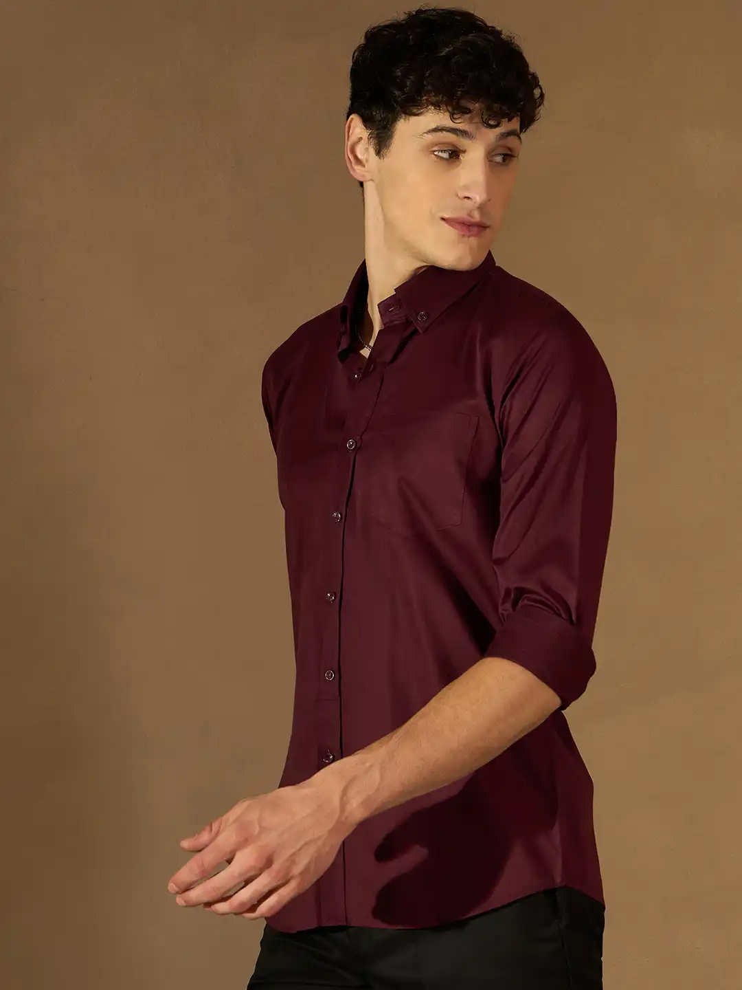 burgundy wedding guest dress long sleeve Houndstooth Pattern Slim Fit Burgundy Men Shirt - Wessi – Wessi main image 1