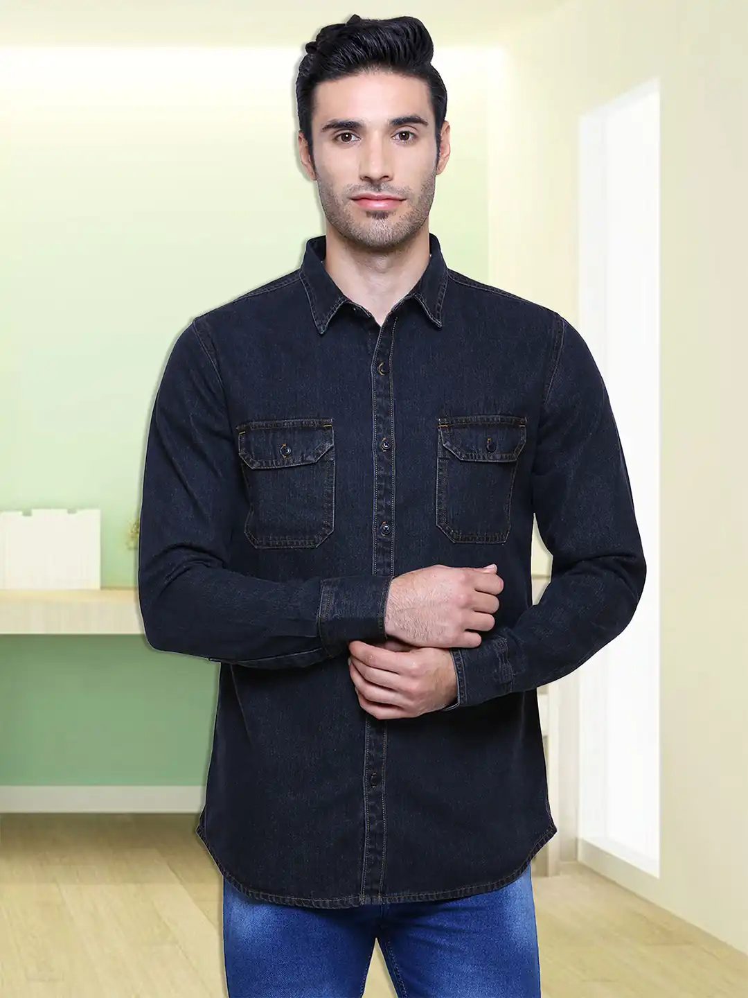 black dress shirt blue jeans Dark Blue Washed Denim Shirt 100% Cotton