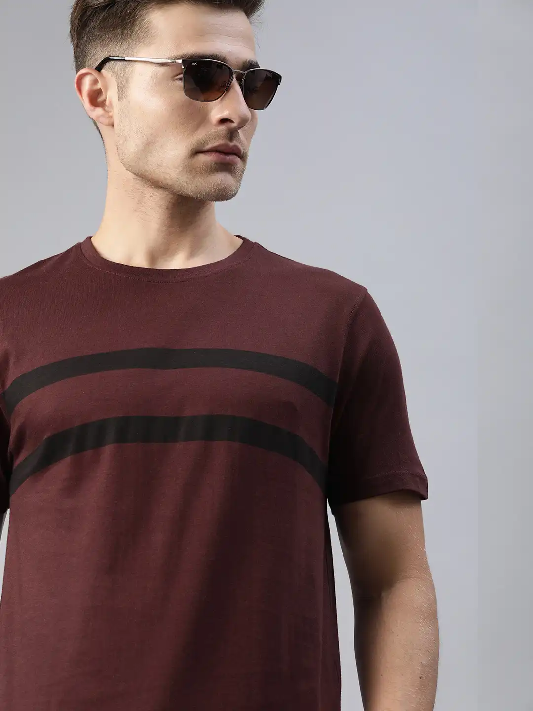 Buy Roadster Men Burgundy Black Striped Round Neck Pure Cotton T