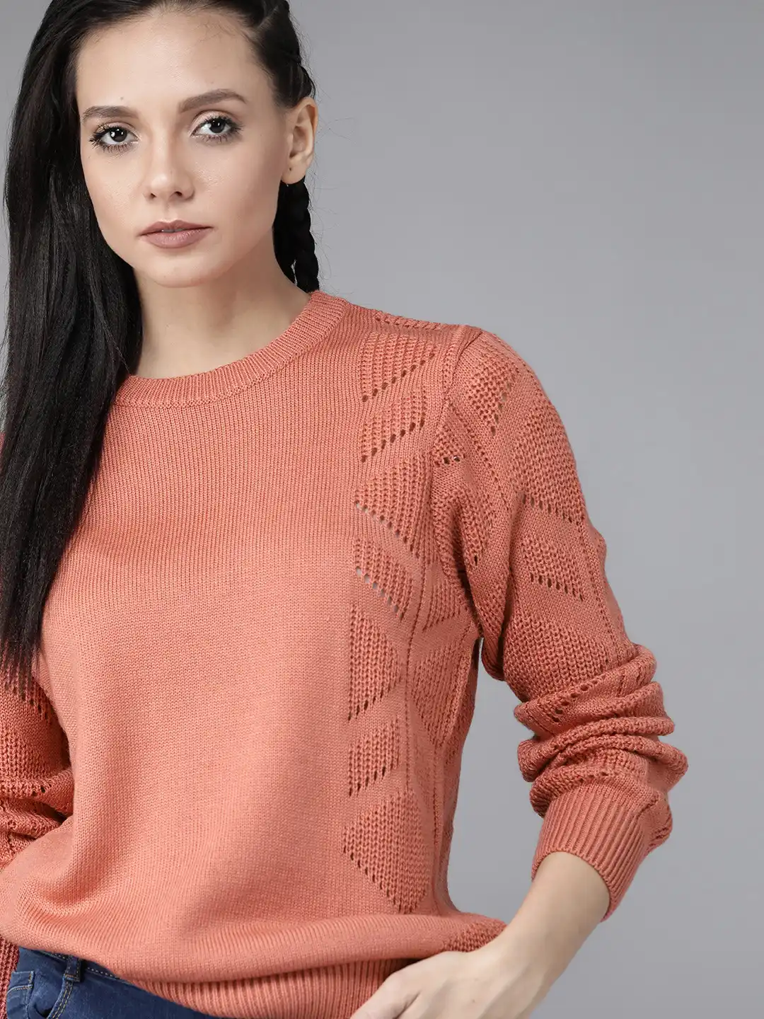 Buy Roadster Women Coral Orange Solid Pullover Sweater - Sweaters
