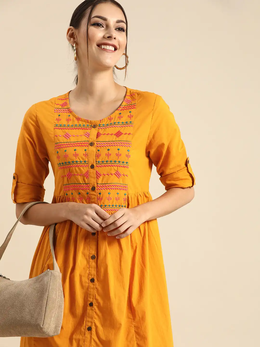 Buy Anouk Mustard Yellow Embroidered Pleated Cotton A-Line Dress - Ethnic  Dresses for Women 12134590 | Myntra