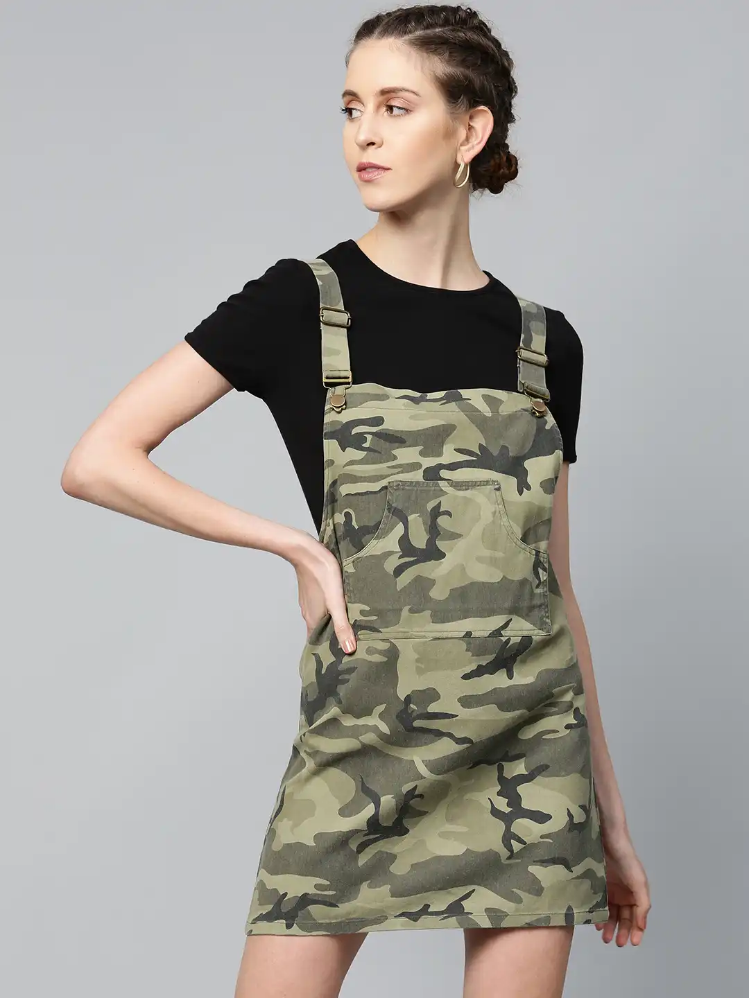Buy SASSAFRAS Women Olive Green Camouflage Print Twill Pinafore Dress -  Dresses for Women 12288066 | Myntra