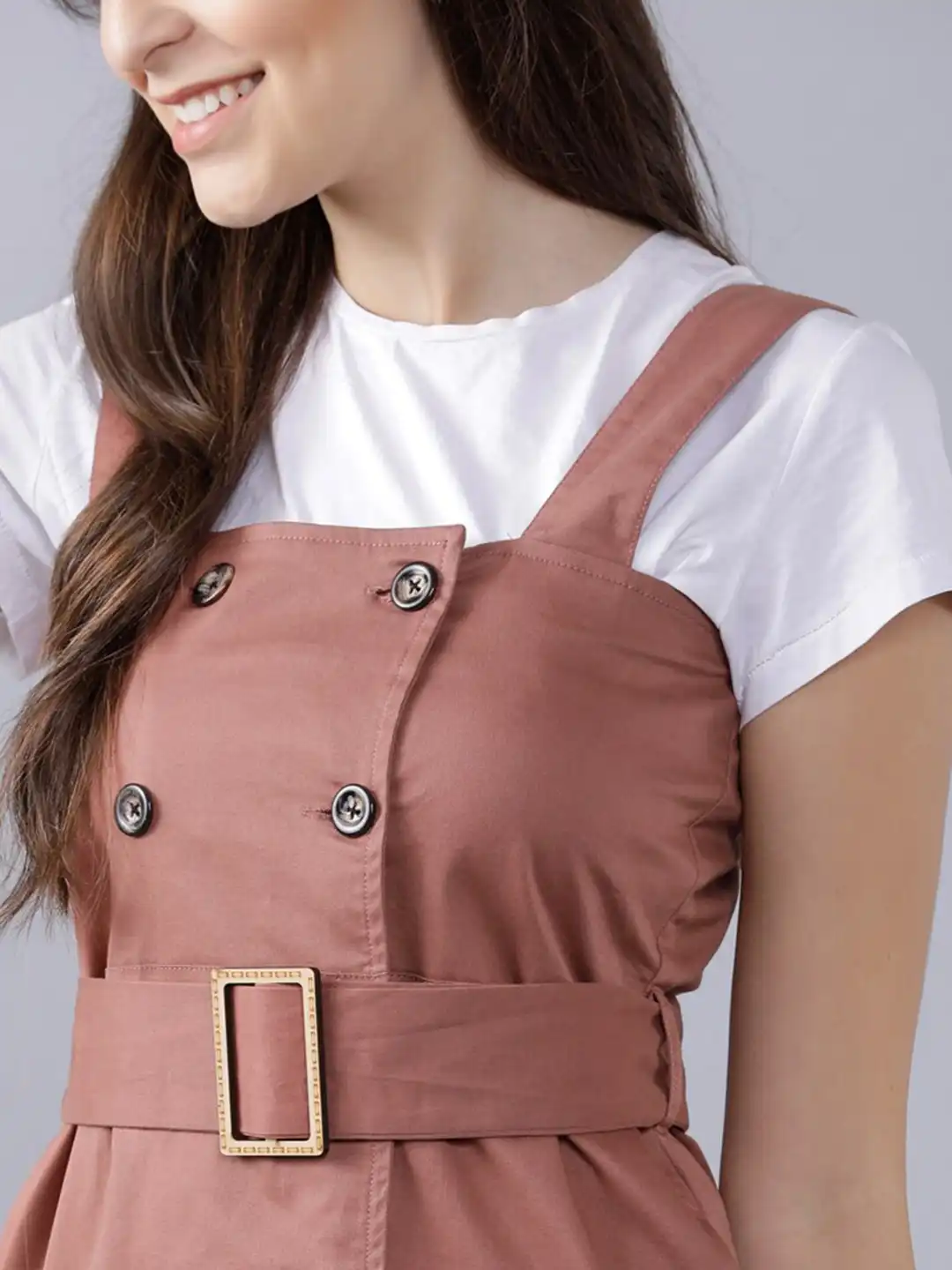 womens pink pinafore dress Tweed Dress for Women's Sleeveless Square Neck Button Up A-Line Pinafore Overall Dresses