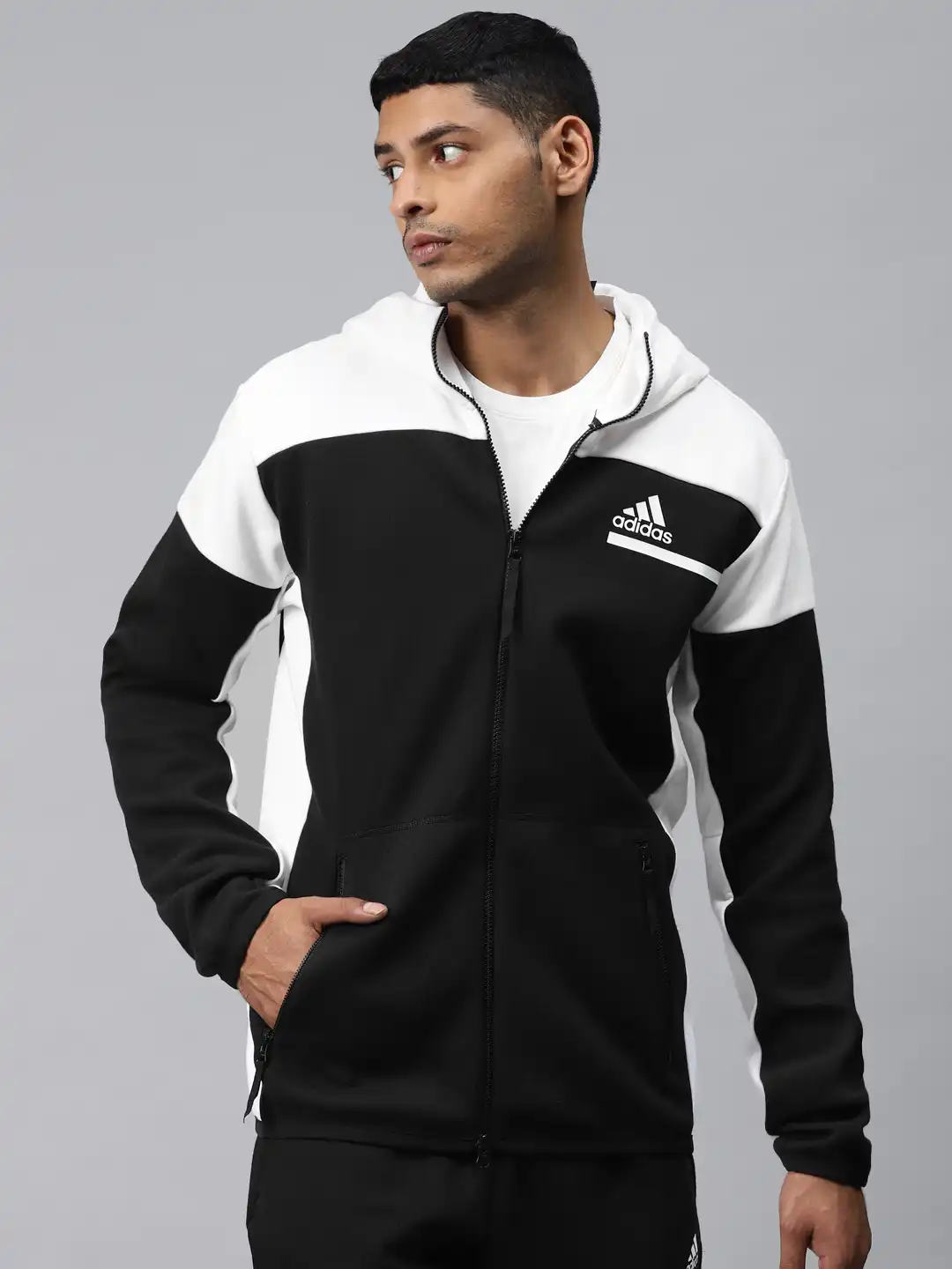Buy ADIDAS Men Black & White ZNE Full-Zip Colourblocked Hooded