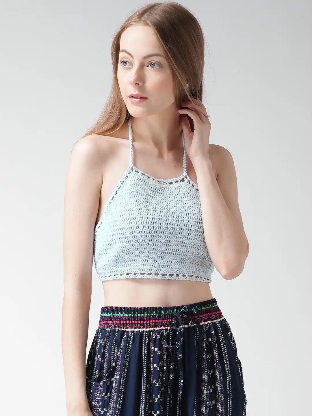 Buy FOREVER 21 Blue Crochet Halter-Neck Crop Top - Tops for Women