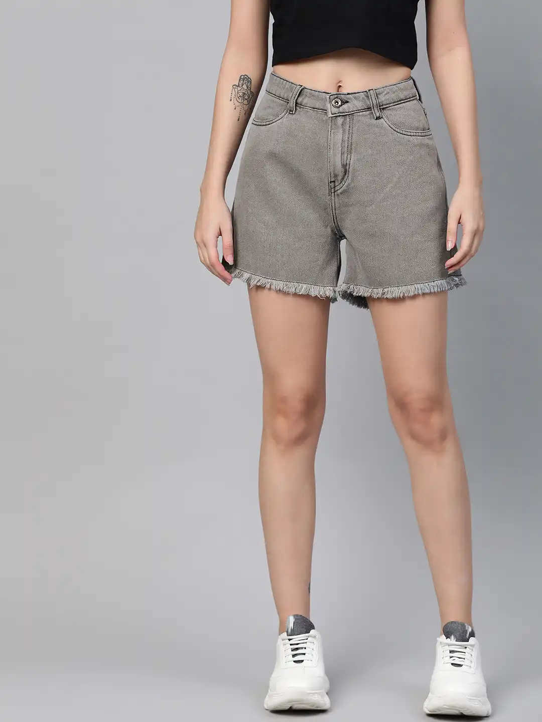 Buy Roadster Women Grey High-Rise Loose Fit Denim Shorts - Shorts