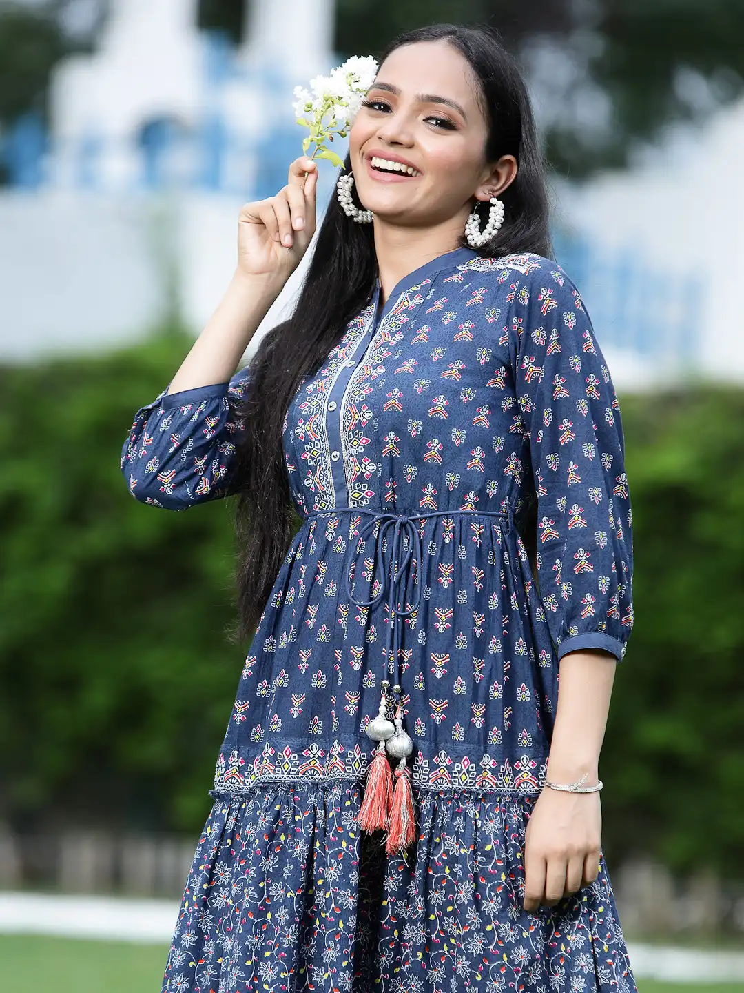 Buy Juniper Navy Blue Red Cotton Ethnic Motifs Printed Tiered Maxi