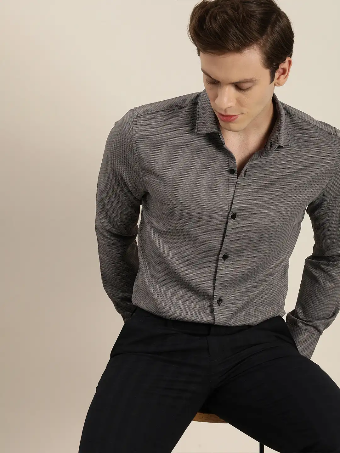 black pants grey dress shirt Grey Mandarin Collar Shirt main image 1