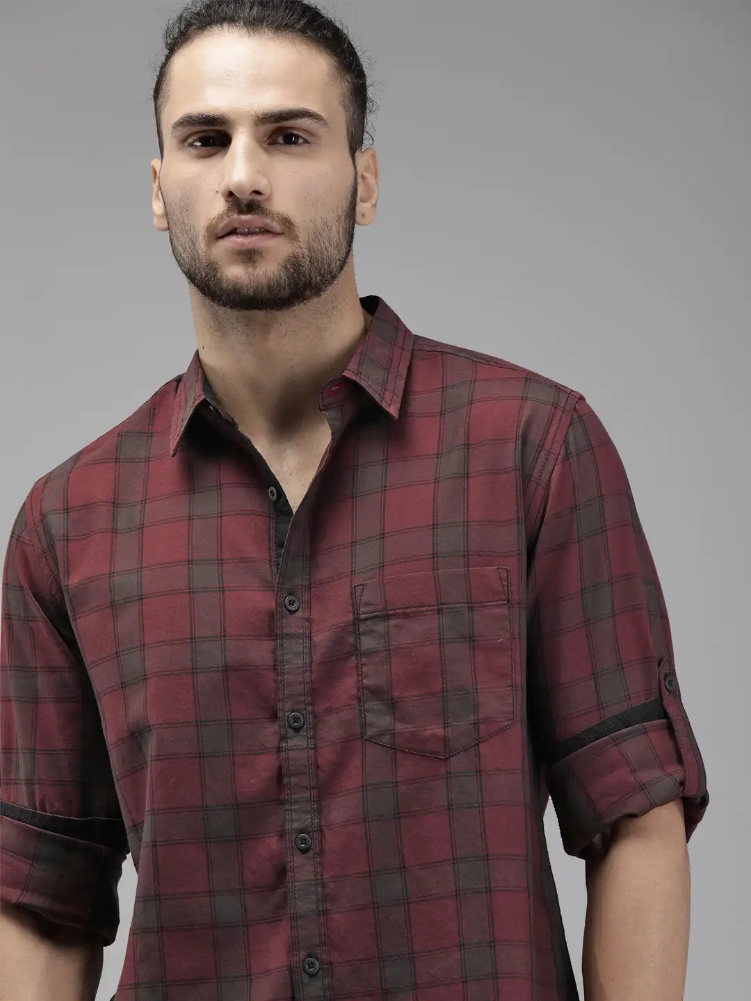 Buy Roadster Men Maroon & Grey Regular Fit Checked Casual Shirt
