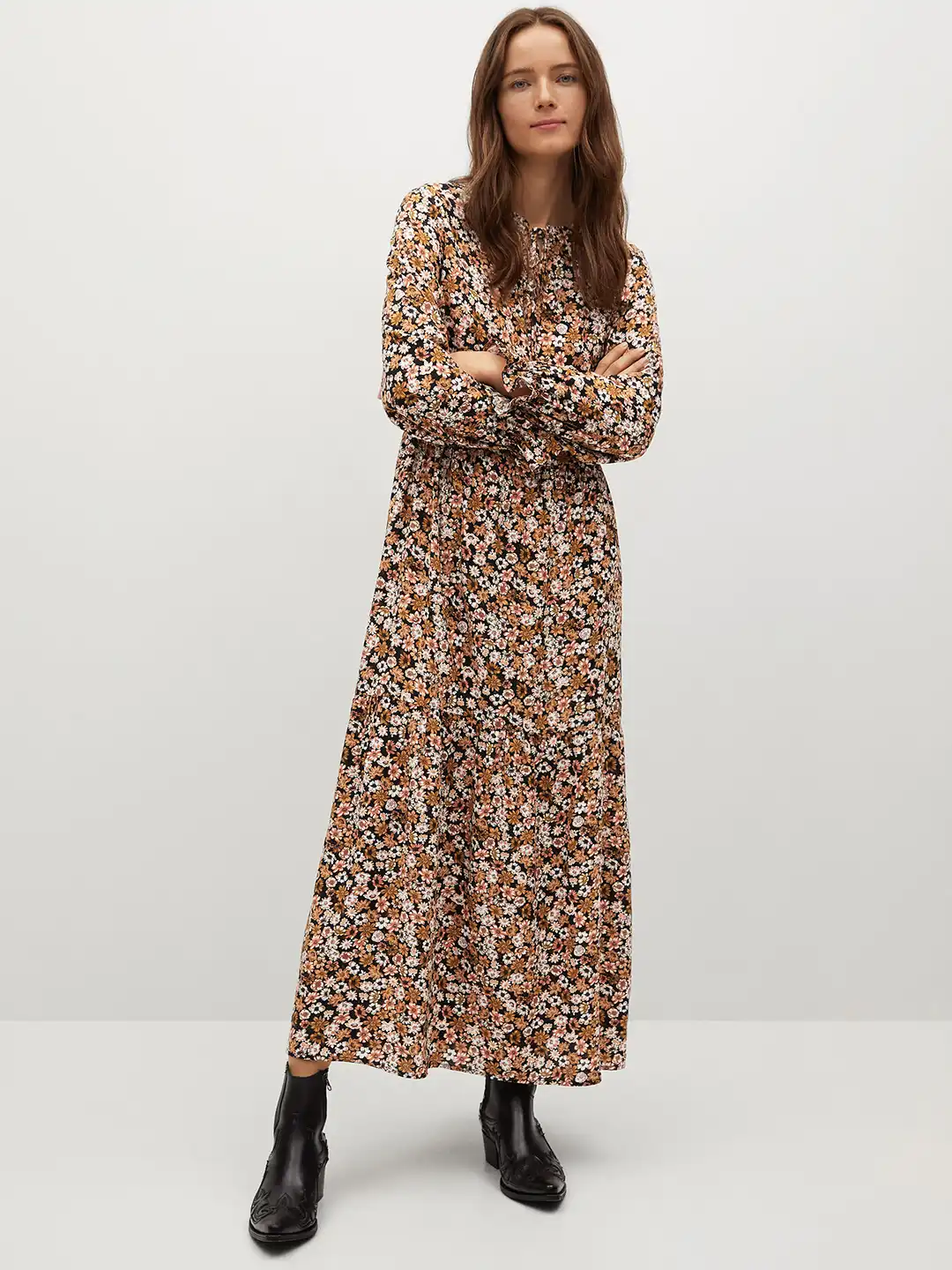 brown and white dresses Davia Brown & White Polka Dot Midi Dress with Crescent Print, Pockets & Spaghetti Straps – Elegant & Versatile S