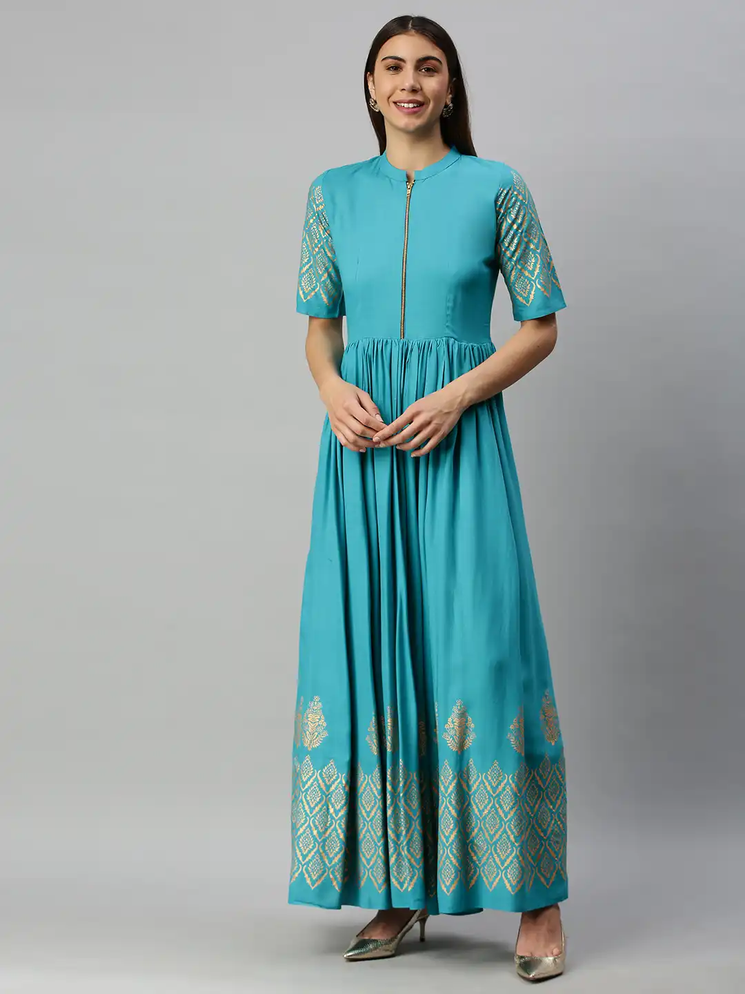 Buy Swishchick Women Turquoise Blue Gold-Toned Printed Fit and Flare Dress  - Dresses for Women 13996360 | Myntra