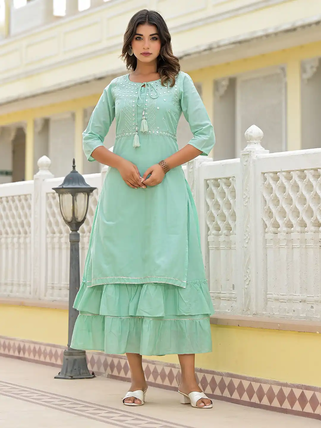 ethnic a line dress Navy Blue Printed A-Line Midi Ethnic Dresses – Rain & Rainbow main image 0