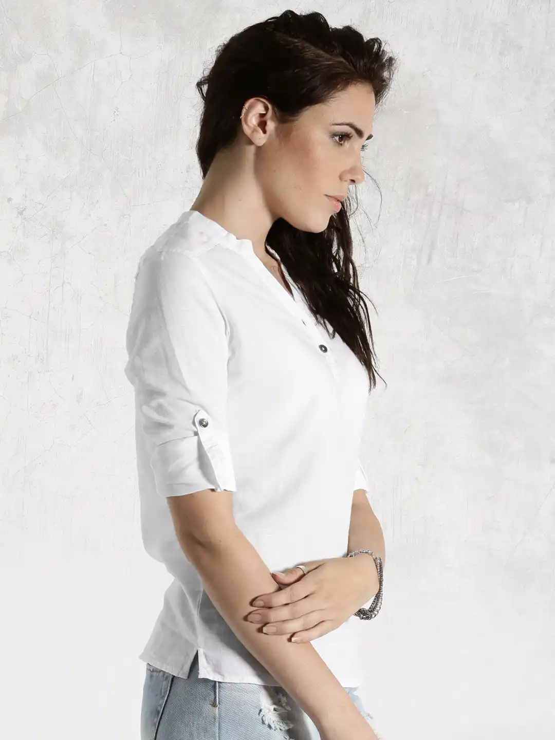 Buy Roadster White Cotton Linen Top With Roll-Up Sleeves - Tops