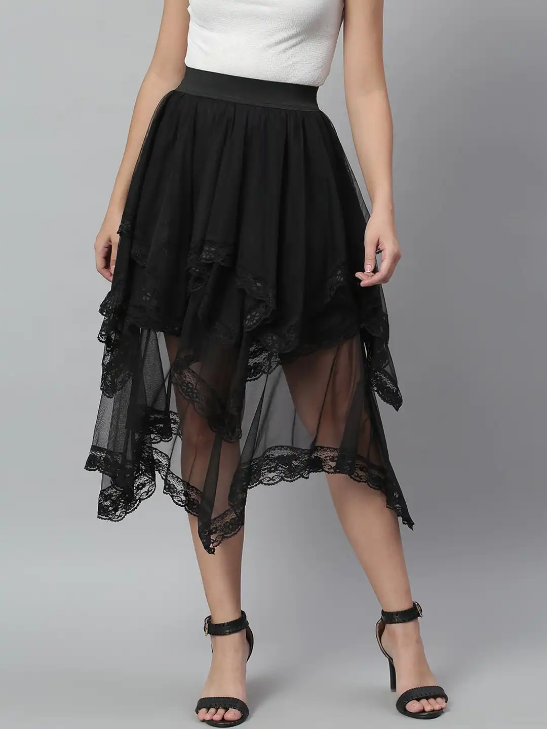 Buy KASSUALLY Black Layered Sheer Mesh Lace Skirt - Skirts for