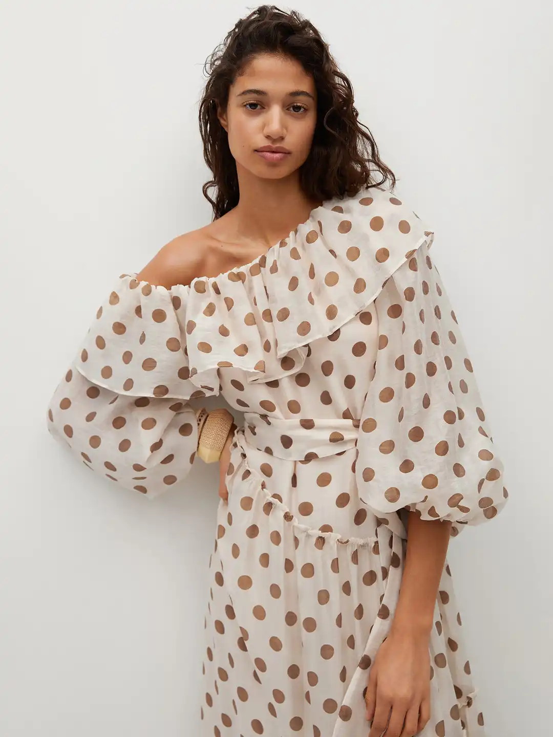 Buy MANGO Off White & Brown Polka Dots Sustainable Tiered One Shoulder Maxi  Dress & Belt - Dresses for Women 14144664 | Myntra