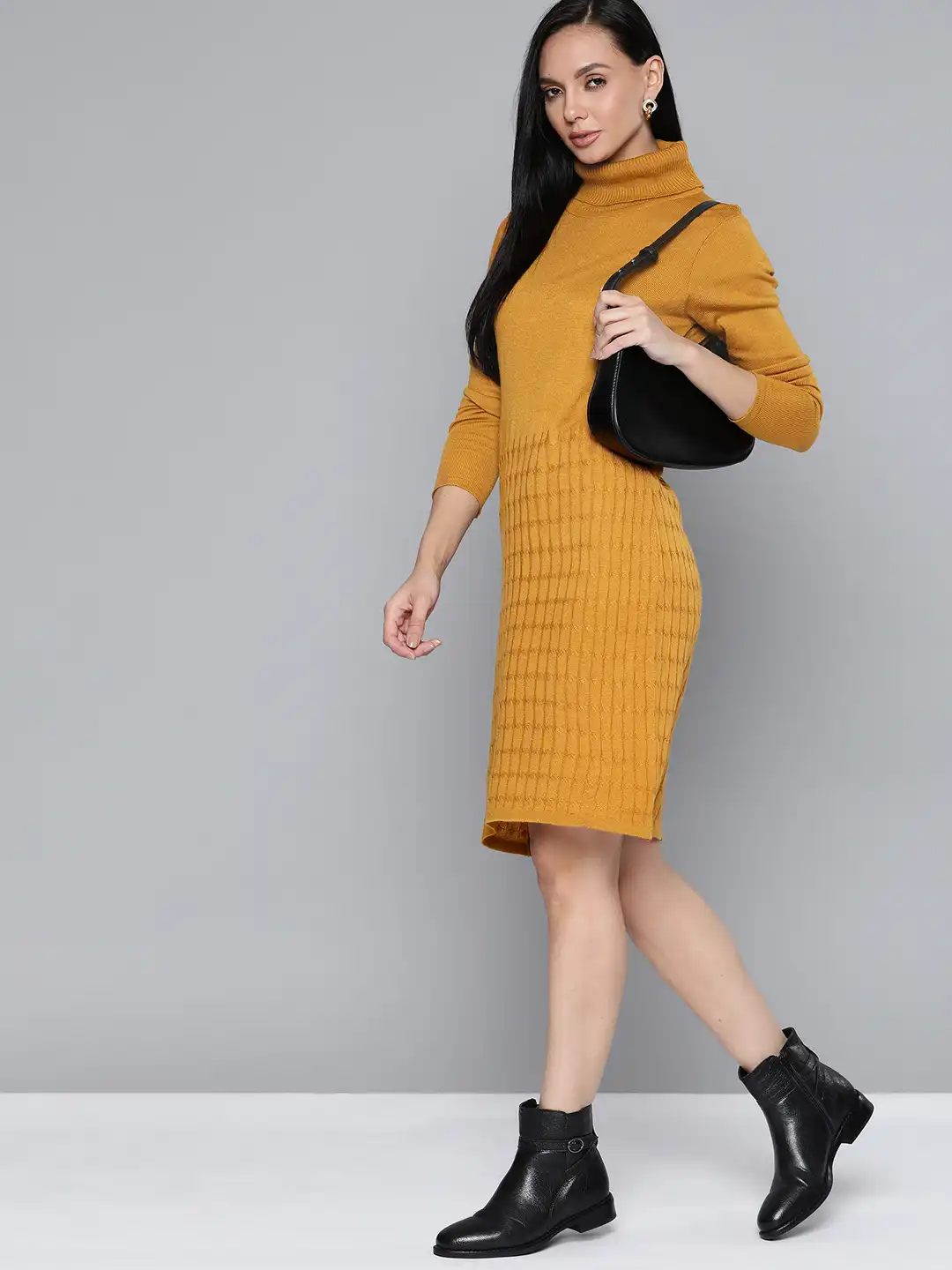 Buy Chemistry Mustard Yellow Cable Knit High Neck Jumper Dress - Dresses  for Women 14231634 | Myntra