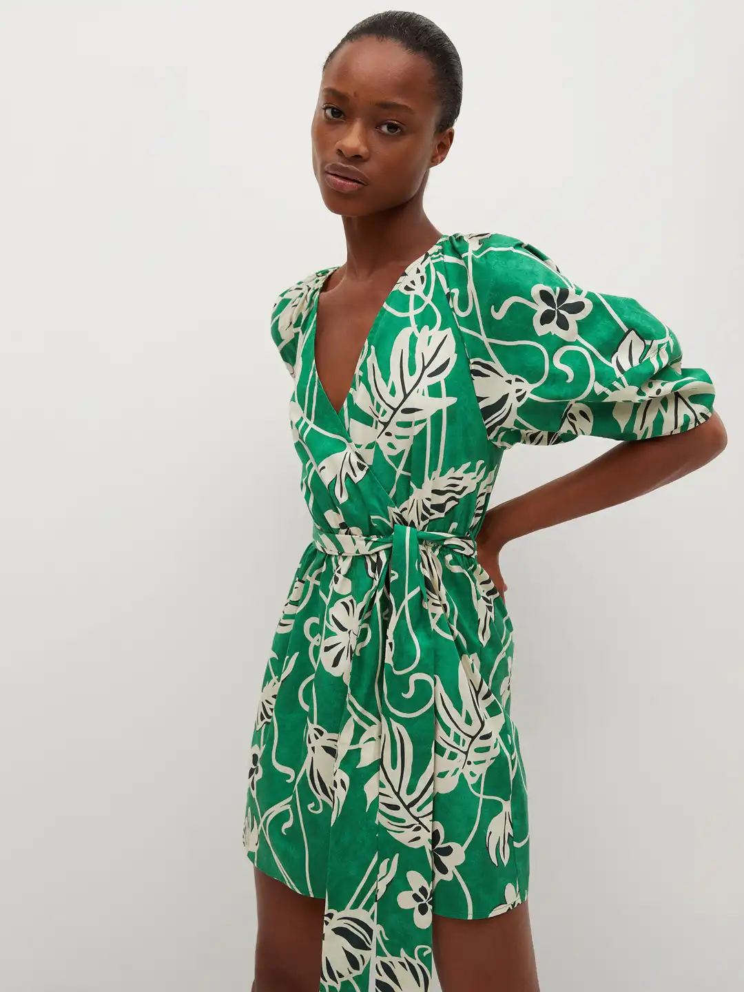 Buy MANGO Women Green & White Floral Print Pure Cotton Wrap Dress - Dresses for Women 14310364
