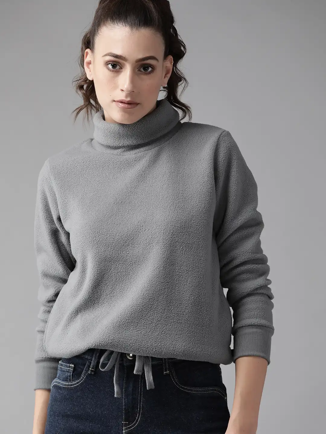 Buy Roadster Women Grey Solid Turtle Neck Sweatshirt - Sweatshirts