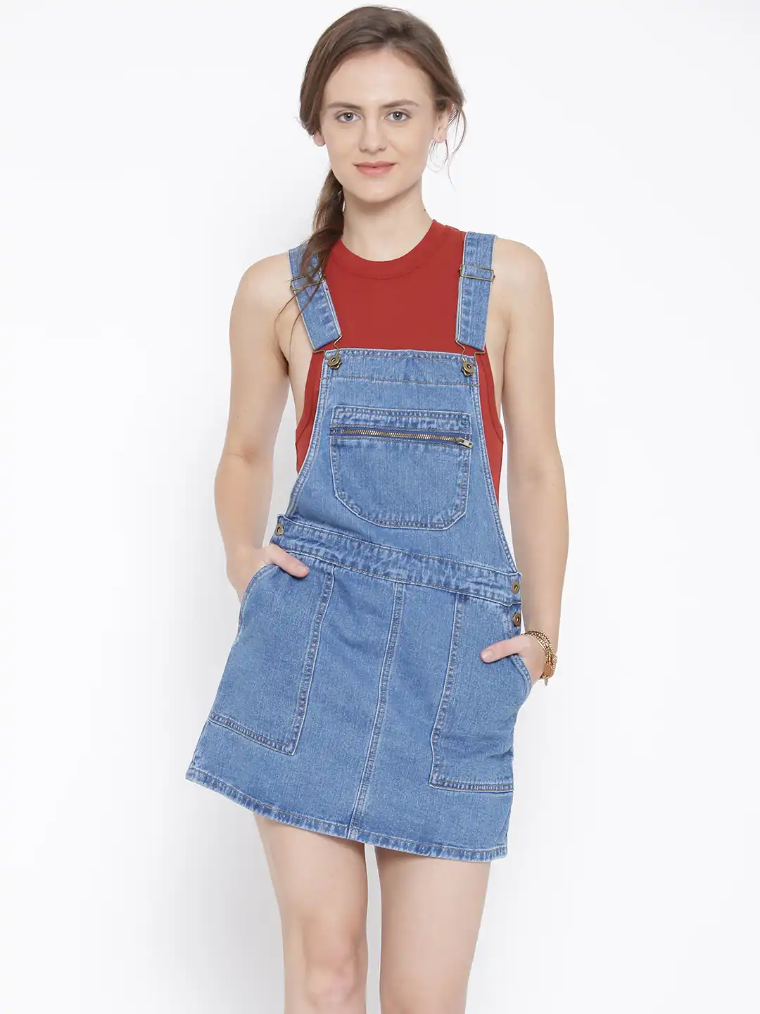a line dungaree dress Side Slit Denim Dungaree Dress in Light Wash – First Stitch main image 0