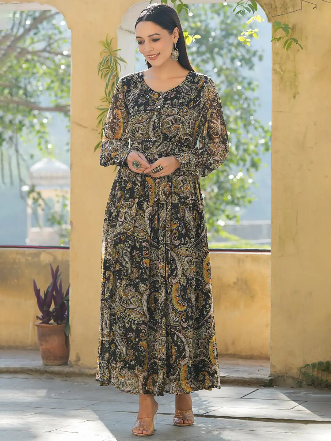 maxi dress yellow and black print dress